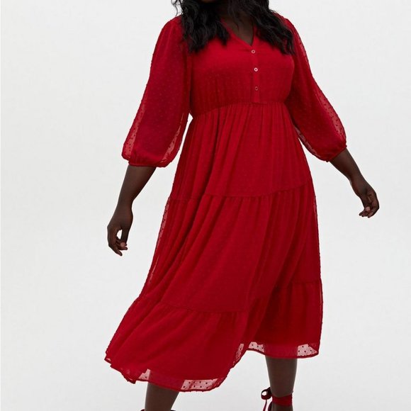 Torrid Maxi Midi Chiffon Clip Swiss Dot Pleated Red Dress - Picture 1 of 12